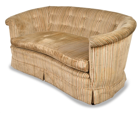 Vintage Striped Velvet Barrel-Back Loveseat with Tufted Back