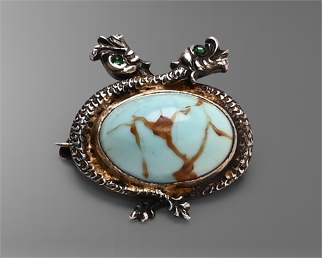 Vintage 'Double Dragon' Sterling & Turquoise Brooch
