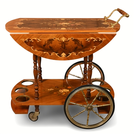 Italian Inlaid Wood Bar Cart w/ Drop Leaves, Brass Wheels & Bottle Holders