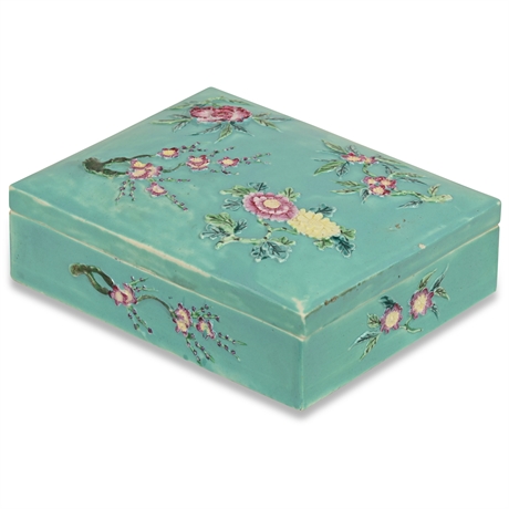 Chinese Turquoise Floral Porcelain Box with Divided Compartments