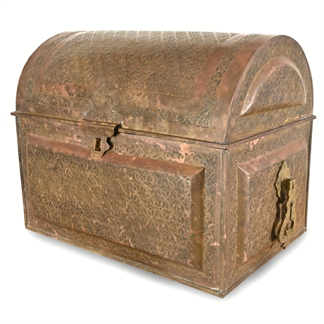 Moroccan Copper & Brass Dome-Top Trunk — Felt Lined, Double Handles