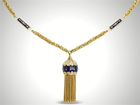 Antique 18K Enamel, Diamond & Gold Tassel Necklace