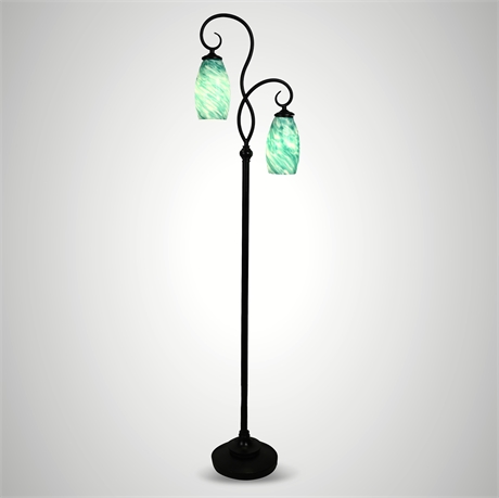 64" Art Glass Scroll Arm Floor Lamp with Teal Swirl Shades