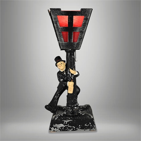1930s Chaplin-Style "Lamppost Drunk" Figural Novelty Table Lamp, Red Panel Shade