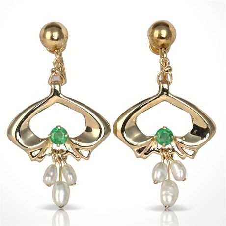 Vintage 14K Emerald & Pearl Dangle Earrings – Screw Back – Art Nouveau Style