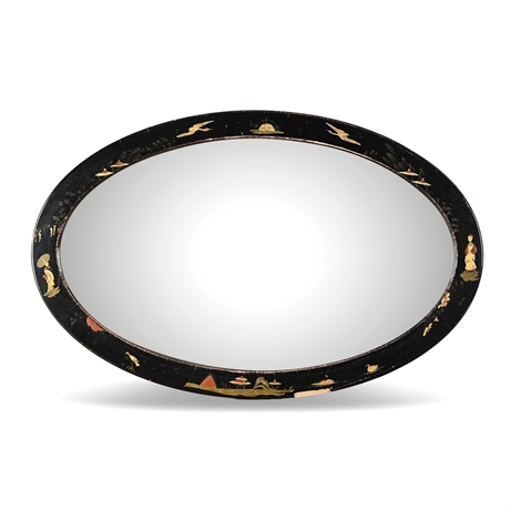 Edwardian Black Lacquer Chinoiserie Oval Bevel Mirror, c. 1910s–1920s