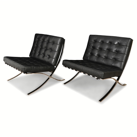 Pair Barcelona-Style Chairs, Polished Steel & Black Italian Leather