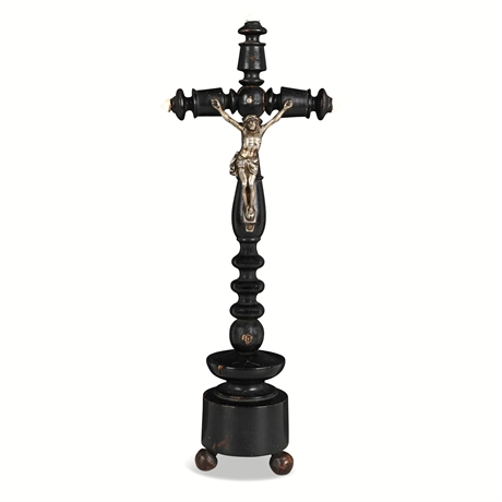 Late 19th C. Ebonized Altar Crucifix, Silvered Corpus & Porcelain Finials