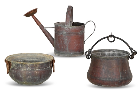 Antique Copper Watering Can & Cook Pots