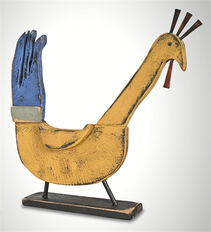 Folk Art Carved & Painted Peacock Figure, Yellow & Blue with Iron Nail Crest