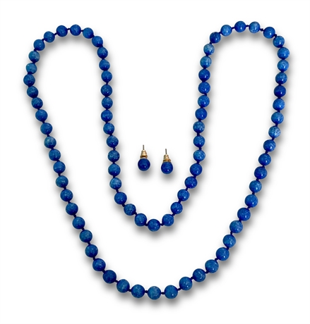 Vintage 32" Lapis Lazuli Necklace (8mm Beads) and Earrings (8mm Beads) Set