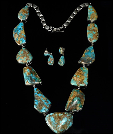 Sterling Silver and Turquoise Necklace and Earring Set by KRS