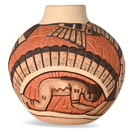 Tom Polacca Hopi Carved Pottery Jar — Figural & Geometric Motifs