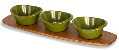 (3) Cast Iron Enameled Bowls on Wooden Tray