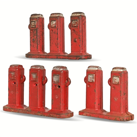 Arcade Cast Iron Gas Pump Trio – 1930s Early Service Station Toys