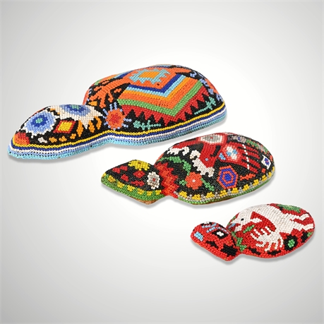 Set of 3 Huichol Beaded Turtles – Carved Wood & Glass Beads