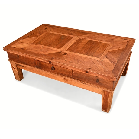Chunky Handcrafted Coffee Table w/ Turquoise Inlay & Ball-Bearing Drawer – Cabin