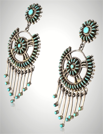 Zuni Sterling Silver & Turquoise Needlepoint Cluster Chandelier Earrings, J.S. B