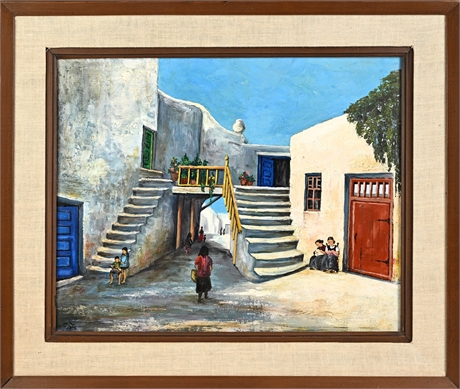 Ilse Lanphere Oil on Masonite — Mykonos, Greece Village Courtyard Scene