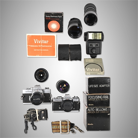 Minolta XD11 & SR-T202 Camera Collection w/ Lenses, Bellows & Vivitar Gear