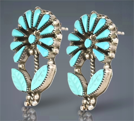 Zuni, Laate Sterling Silver Sunflower Turquoise Earrings