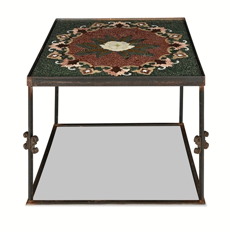 Pietra Dura Style Floral Mosaic Top Coffee Table on Iron Frame