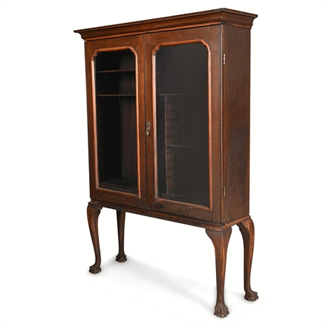 Mahogany Queen Anne Cabinet — Glazed Doors, Claw Feet, 3 Drawers