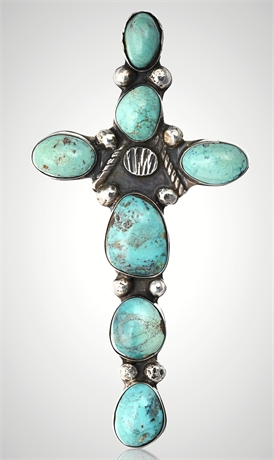 Vintage Navajo Sterling Silver & Turquoise Cross Pendant – 4.5"