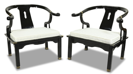 Pair Vintage Black Lacquered Ming Lounge Chairs