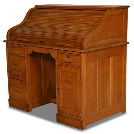 Early 20th Century Oak Double Pedestal Roll-Top Desk