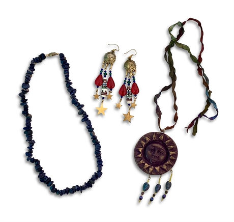 Vintage Lapis Chip Necklace, Brass Sun Earrings, Resin Sun Necklace - Set of 3
