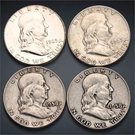 1958 & 1963 (4) Franklin Silver Half Dollars