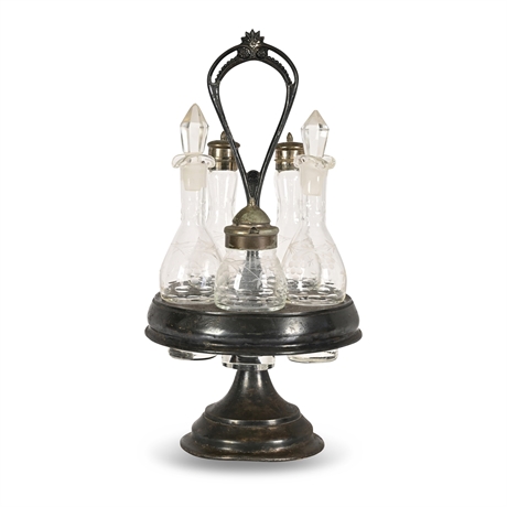 Victorian Etched Glass 5-Bottle Cruet Castor Set, Swiveling Ebonized Stand