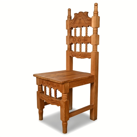 Hand-Carved Mexican Pine Chair — Floral Motifs, 2"x2" Legs, Rustic Vintage