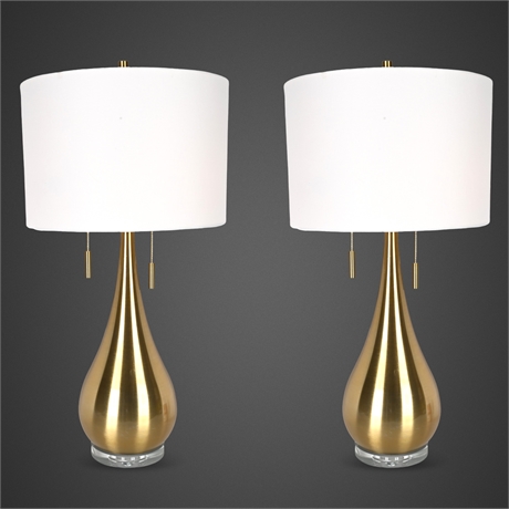 Pair Brushed Brass Teardrop Table Lamps w/ Acrylic Base, Dual Pull Chains