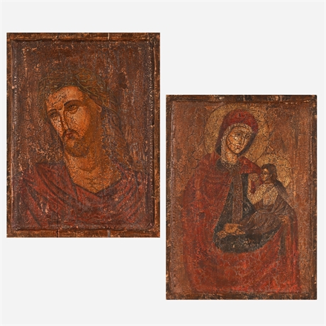 Pair Painted Wood Panel Icons — Christ & Madonna, Byzantine Style, Wall Hanging