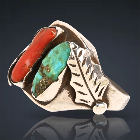 Ramon Platero Navajo Turquoise & Coral Ring