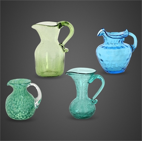 4 Hand-Blown Art Glass Mini Pitchers – Greens & Blues, Applied Handles
