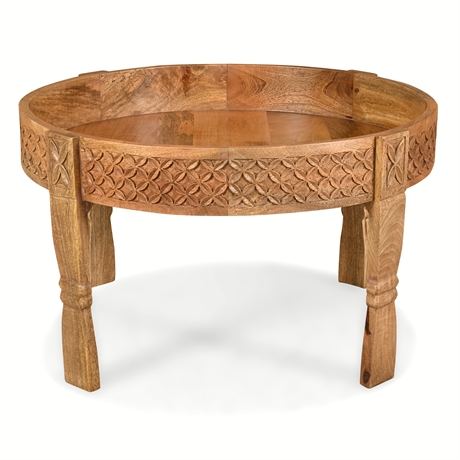 Mango Wood Chakki-Form Coffee Table — Hand-Carved Floral Apron, Rajasthani Style