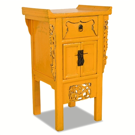 Chinese Altar-Style Cabinet, Yellow Lacquer, Pierced Spandrels & Key