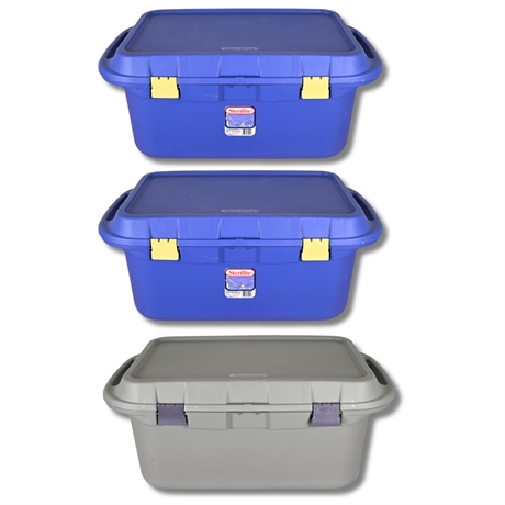 Sterilite 36-Gallon Latching Storage Totes – Blue & Gray, Lot of 3