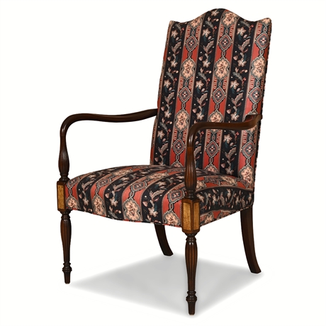 Hickory Chair Mahogany Armchair – Floral Stripe Upholstery, Handcrafted