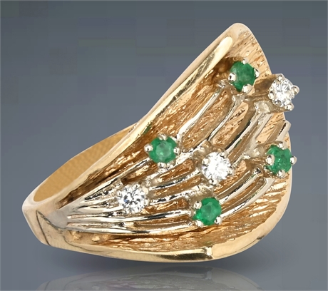 1960s 14K Diamond & Emerald Modernist Cocktail Ring, Size 6.75