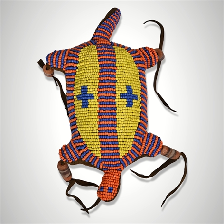 Plains-Style Beaded Turtle Umbilical Fetish Amulet, Lazy-Stitch Hide Pouch