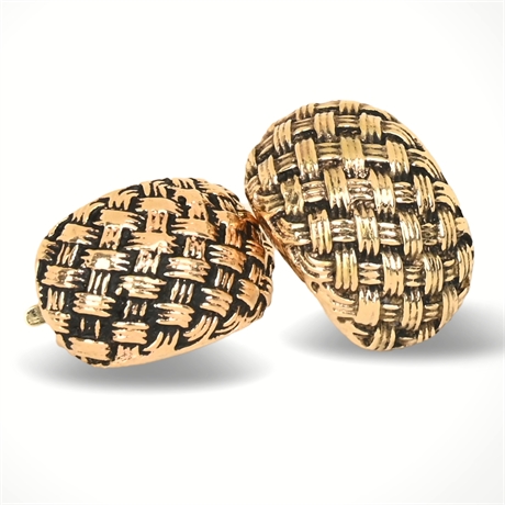 14K Yellow Gold Basket Weave Clip-On Earrings, Marked 14K, 12.2 Grams