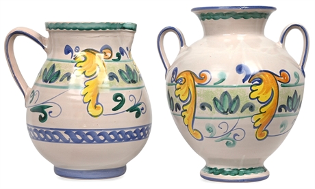 Pair 13" Italian Deruta Style Vase & Pitcher