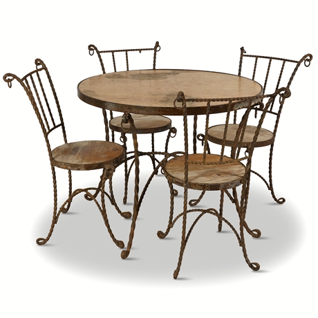 Classic Wrought Iron & Solid Wood Bistro Dining Set — Rustic 5-Piece