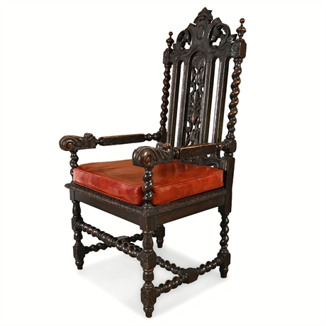 Victorian Carved Oak Barley Twist Armchair – 19th Century, Red Leather Cushion