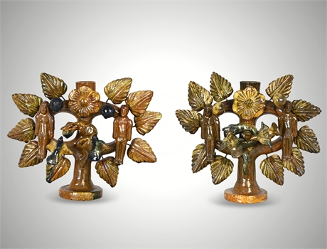 Pair Mexican Tree of Life Candleholders — Adam & Eve Folk Art, Circa 1950s–70s