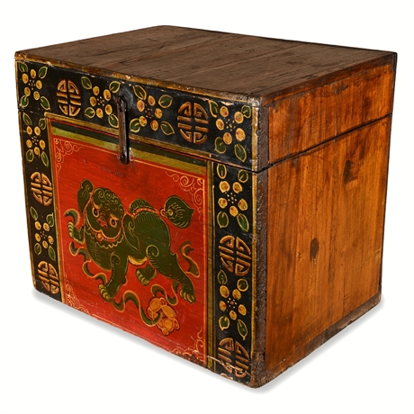 Tibetan Hand-Painted Storage Chest with Foo Dog Motif